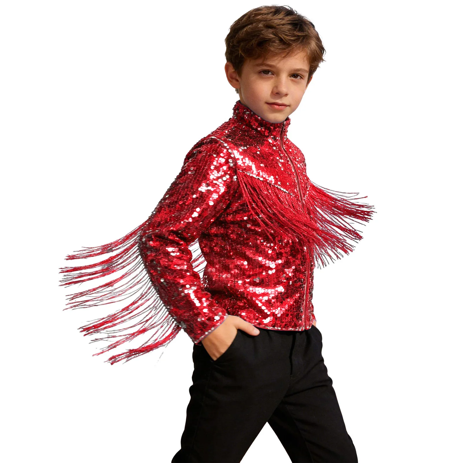 Kids Jongens Cowboy Jas Pailletten Kwastje Lange Mouw Mock Hals Rits Fringe Jas Bovenkleding Hip Hop Jazz Street Dance Wear