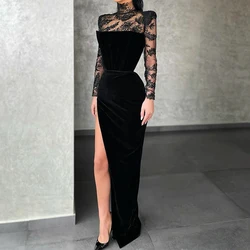 Black Lace Mermaid Evening Dress High Neck Long Sleeve Women Party Dresses Robe De Soirée Side Split Prom Gowns 2024