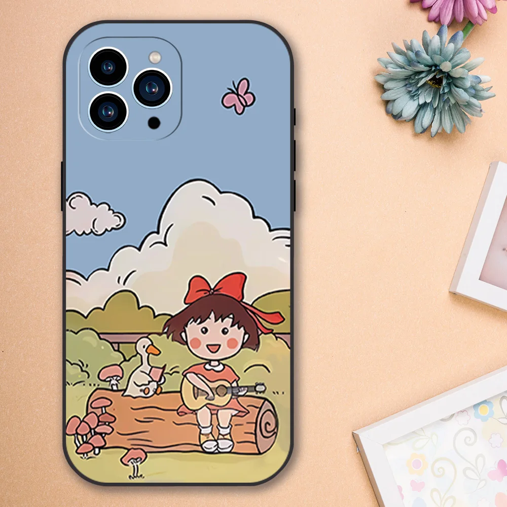 Comics C-Chibimaruko Chan Phone Case for iPhone 12 11 13 14 15 16 Max Pro Plus Black Soft Silicone Cover