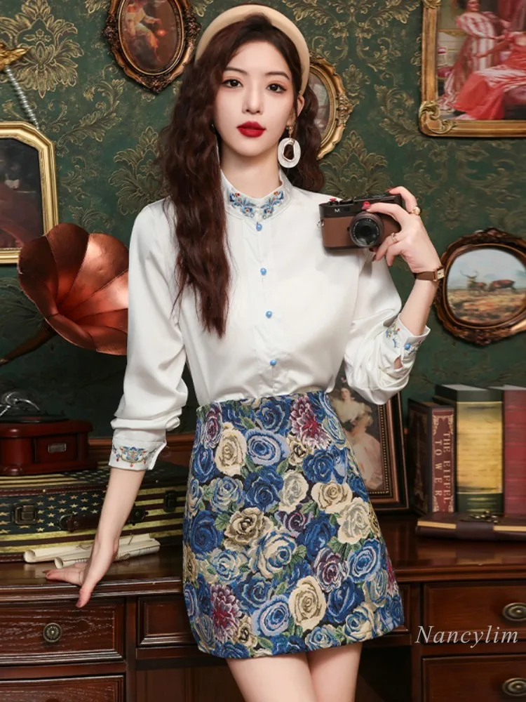 New Chinese Style Short Skirts Sets 2 Piece Suit 2024 Spring Embroidery Shirt New High Sense Matching Horse-Face Skirt