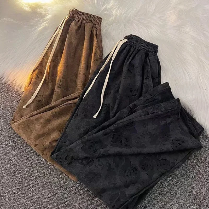 High Waist Wide Leg Pants Women Vintage Corduroy Printed Simple Loose BF Streetwear Designed New Autumn Leisure Long Trousers