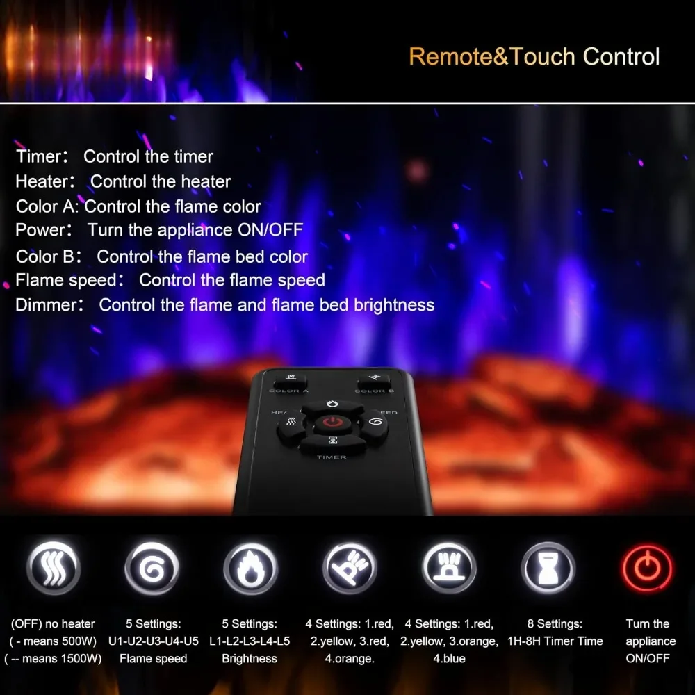 Estufa de chimenea eléctrica de 24 pulgadas, estufa de chimenea infrarroja independiente, llama 3D controlable, 4 llamas variables y colores de registro