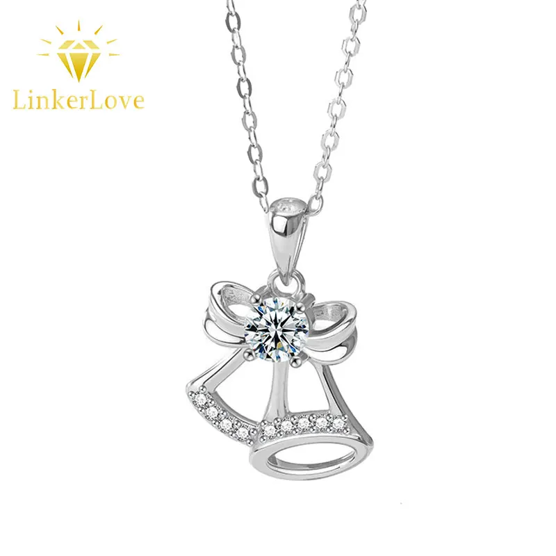 

LinkerLove S925 Silver 0.5CT Moissanite Bow Bell Pendant Necklace for Women White Gold Plated Clavicle Chain Fine Jewelry Gifts