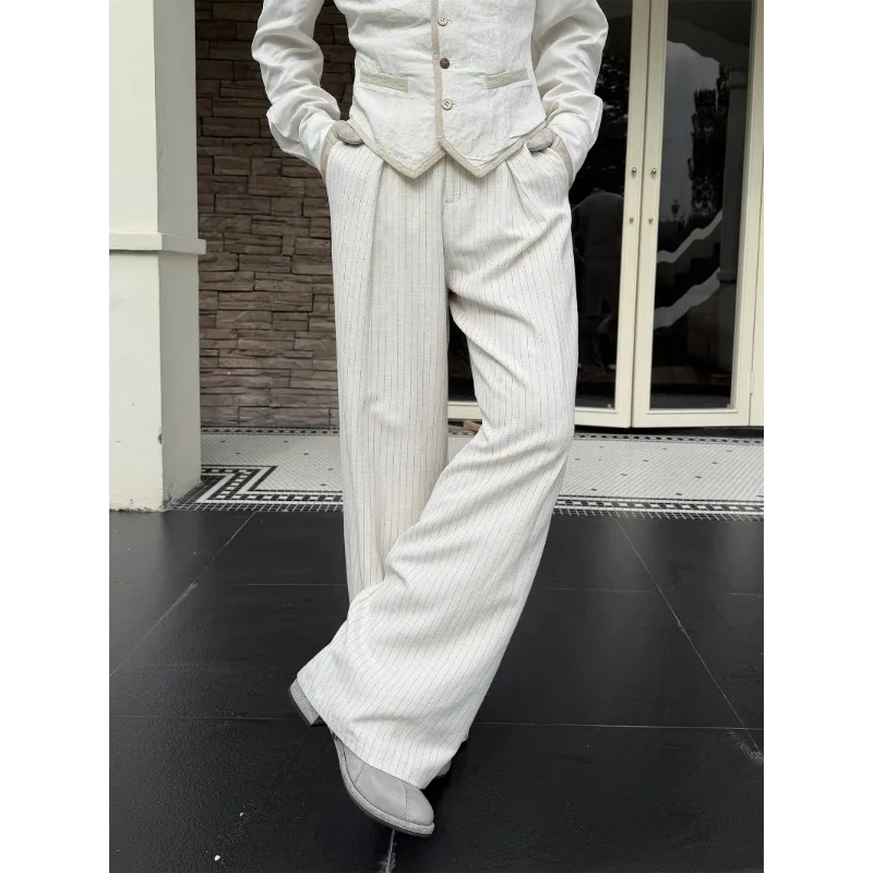 

Women White Blend Spring Summer Loose Casual Straight Trousers