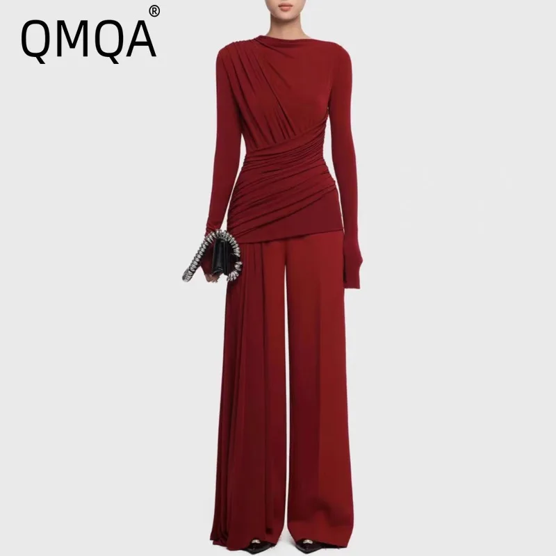 

QMQA Fashion Women's Simple Two-Piece Set Ruched Asymmetric Slim Top Wide-Leg Long Pants Elegant Sets 2025 Autumn New QM825