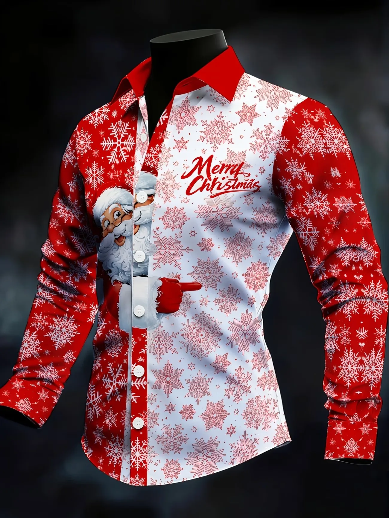 New men's Christmas themed long sleeved lapel shirt with Santa Claus snowflake contrasting print casual top