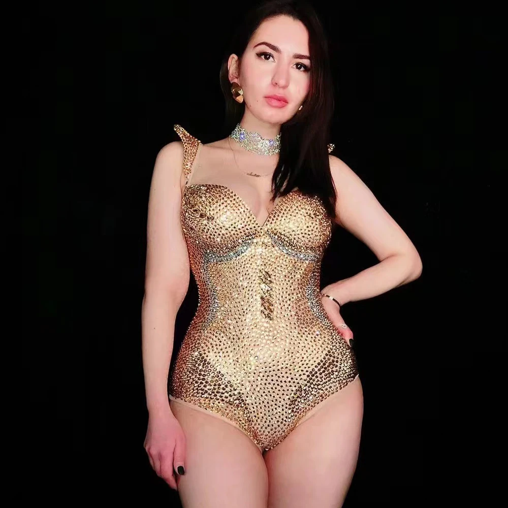 Women Sexy Stage Luxurious Sparkly Full Rhinestones Leotard Dance Costume Performance Bodysuit Singer Dancer Show Stage Wear