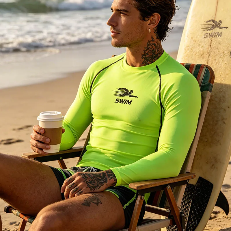 Muscle Men's Surfing Sunscreen Fitness T-shirt Long Sleeve Quick Drying Compression Swimsuit Beach Surfing Top
