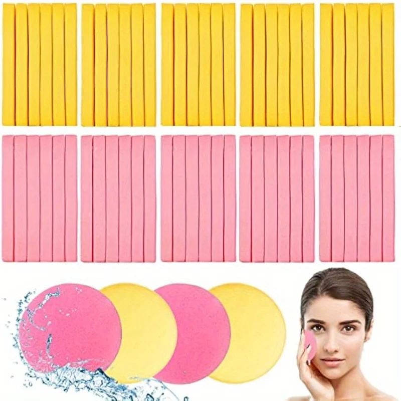 120 Stück komprimierte Gesichtsschwämme in Rosa und Gelb, weiche, latexfreie Reinigungspads, hochsaugfähig für Make-up-Entfernung und Peeling