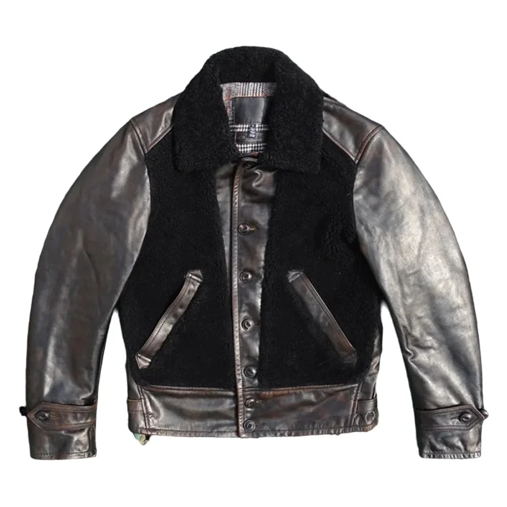 Black Winter Shearling Jacket Men Retro Vintage Style Plus Size 5XL Genuine Natural Horsehide Single Breasted Spliced Coat