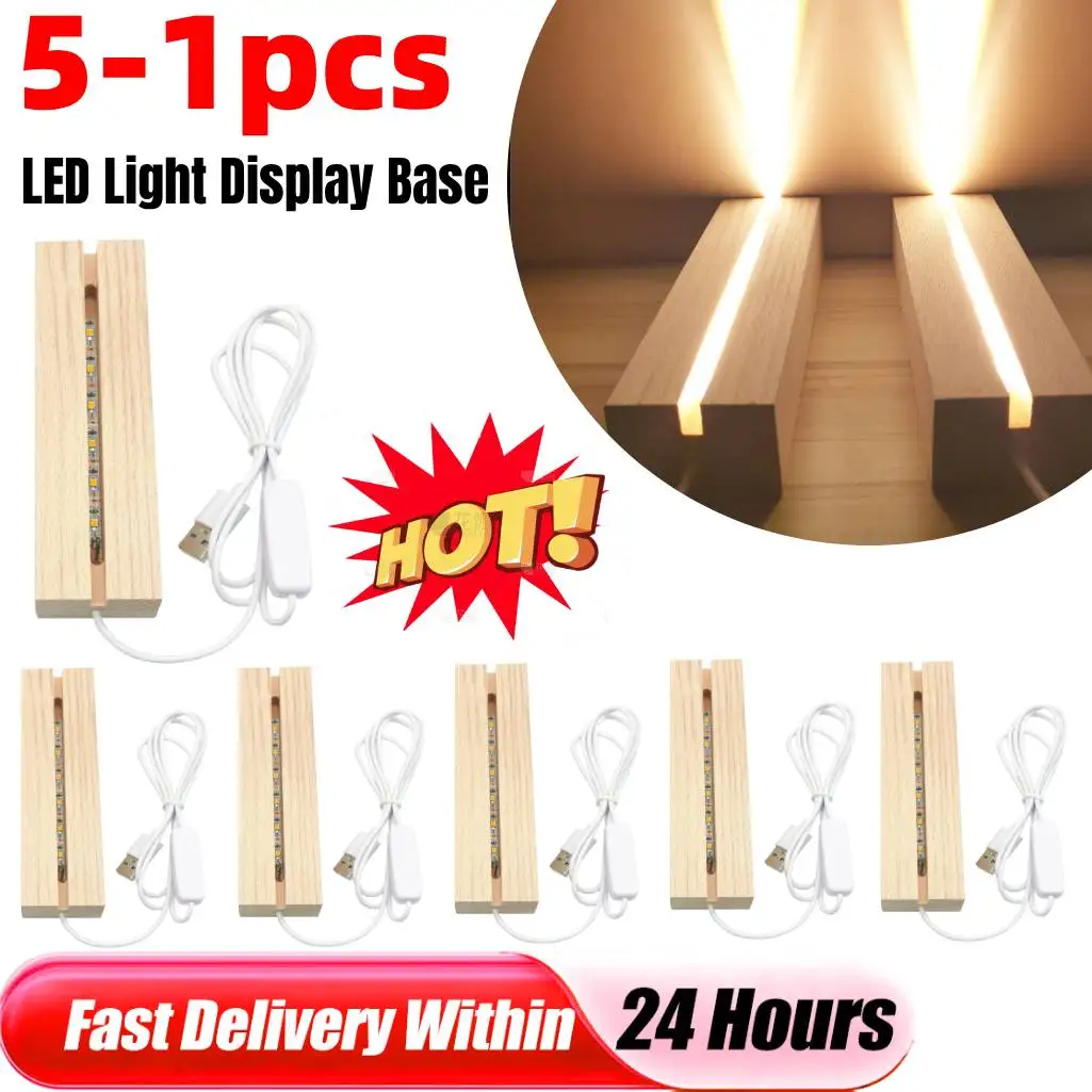 

5-1pc Rectangular LED Wood Light Display Base USB Charging Crystal Wooden Lighted Base Stand Warm Light 3D Handmade DIY Art Deco
