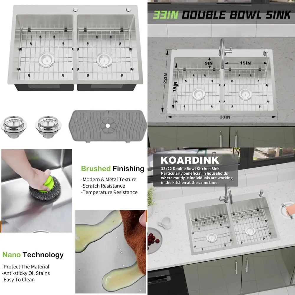 

Stainless Steel 50/50 Double Bowl Kitchen Sink 33x22x9 Inches Topmount Modern Style with Sink Grid, Silicon Mat, and Drain for D