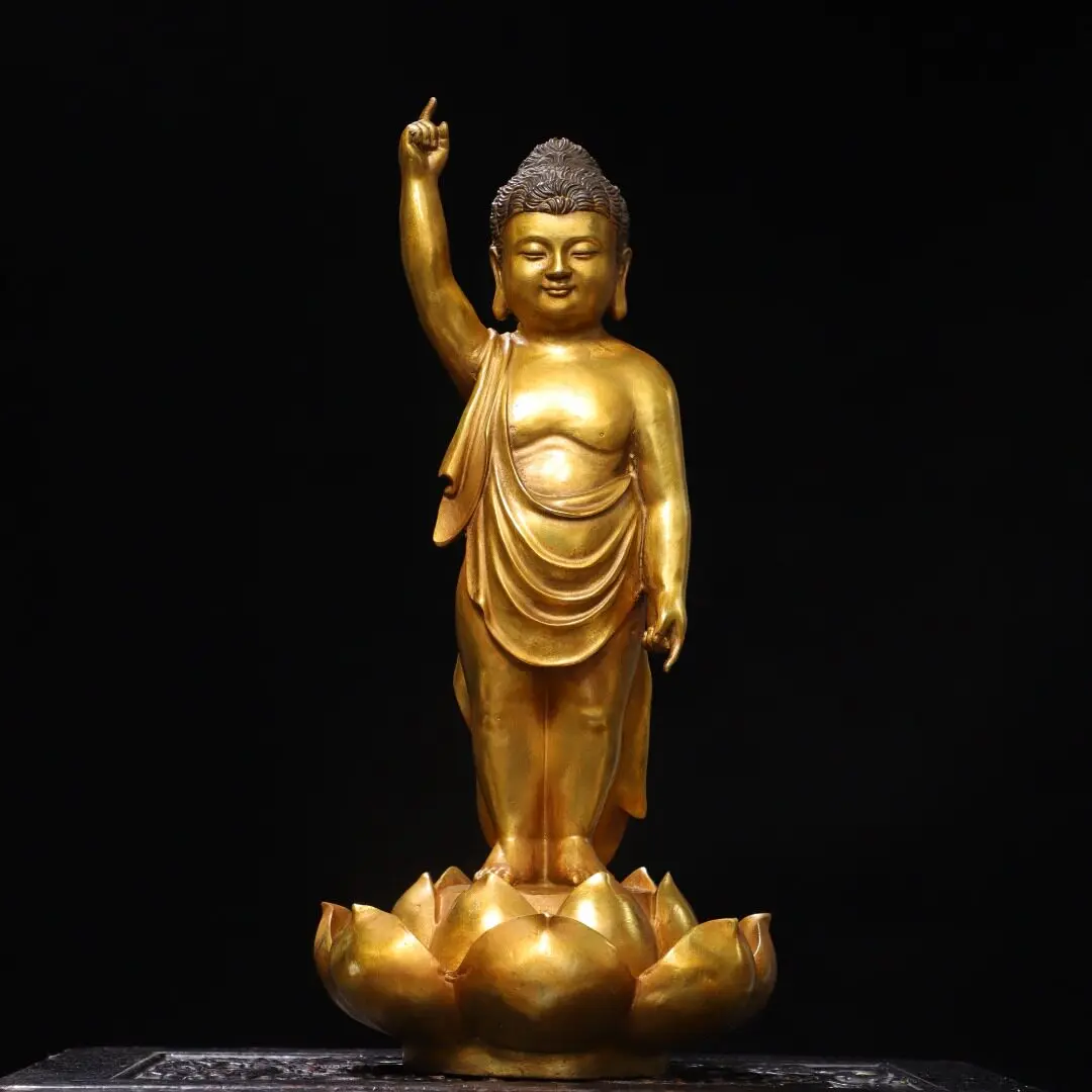 Large Prince Bathing Shakyamuni Buddha Statue Pure Copper Gilt Home Temple Desk Decor