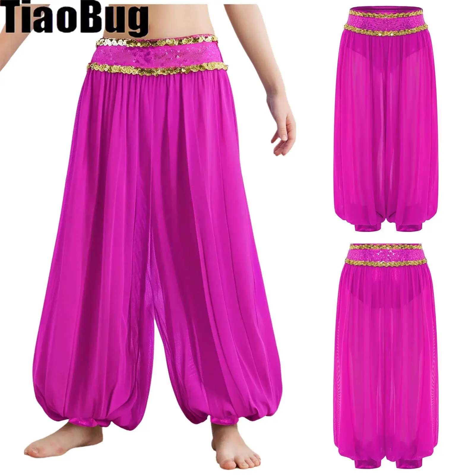 

Kids Girls Belly Pants Shiny Sequins Waistband Dance Pants Side Invisible Zipper Sheer Mesh Bloomers Halloween Theme Trousers