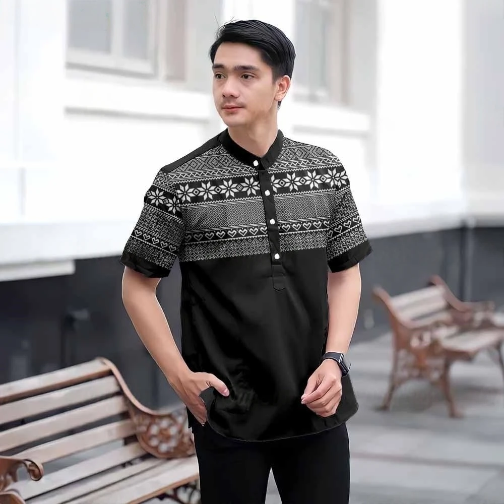 Camicia musulmana Raya Colletto alla coreana Manica corta Camicia da uomo Kurta Camicia casual stampata Henley per adulti Camicia cacao Camicia perfetta per Ramadan