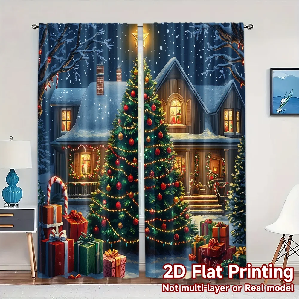 2pcs,Curtains Christmas Tree Presents Cozy Home Pattern Chic Curtains Versatile Fabric Curtains Decorations Inside Suitable for