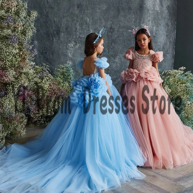 Yl elegante puff manga vestidos da menina flor varredura trem miçangas lantejoulas de cintura alta princesa ruched primeira comunhão vestidos