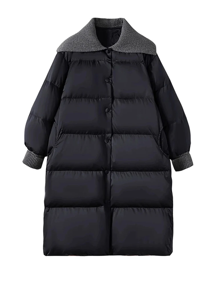 Winter Long Knitted Splicing Lapel Down Jacket Women White Duck Down Thicken Down Jacket Female Warm Knee Length Parker Outwears