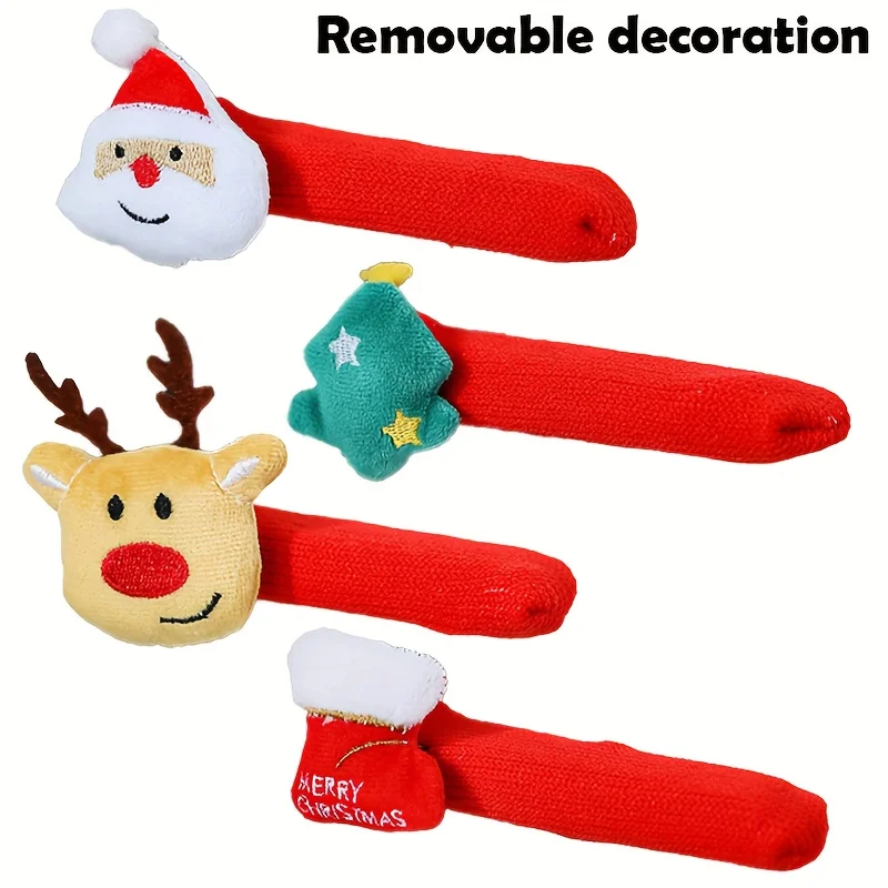 4pcs Christmas Door Handle Decorations Set with Bell- Tips & Detachable Ornaments (Santa, Reindeer, Tree, Stocking)Cabinet Decor