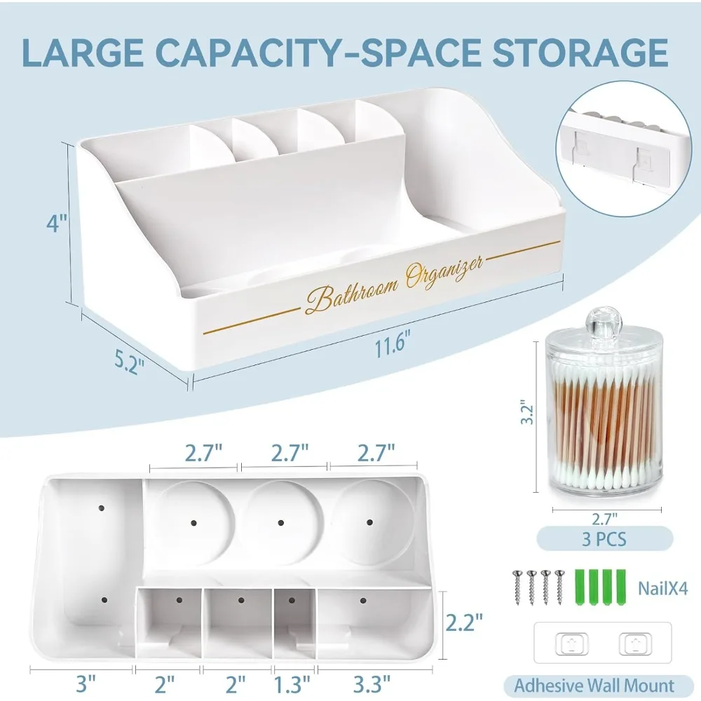 منظم كونترتوب الحمام، حامل فرشاة الأسنان للحمام مع 3 قطع من موزع حامل Qtip وصرف حامل معجون الأسنان