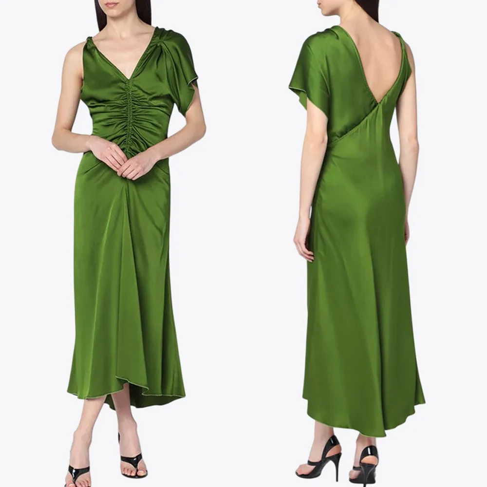 

Customized Elegant Asymmetrical Draped Midi Dress A-Line Evening Dresses Formal Exquisite High Quality Prom Party Gown for Women