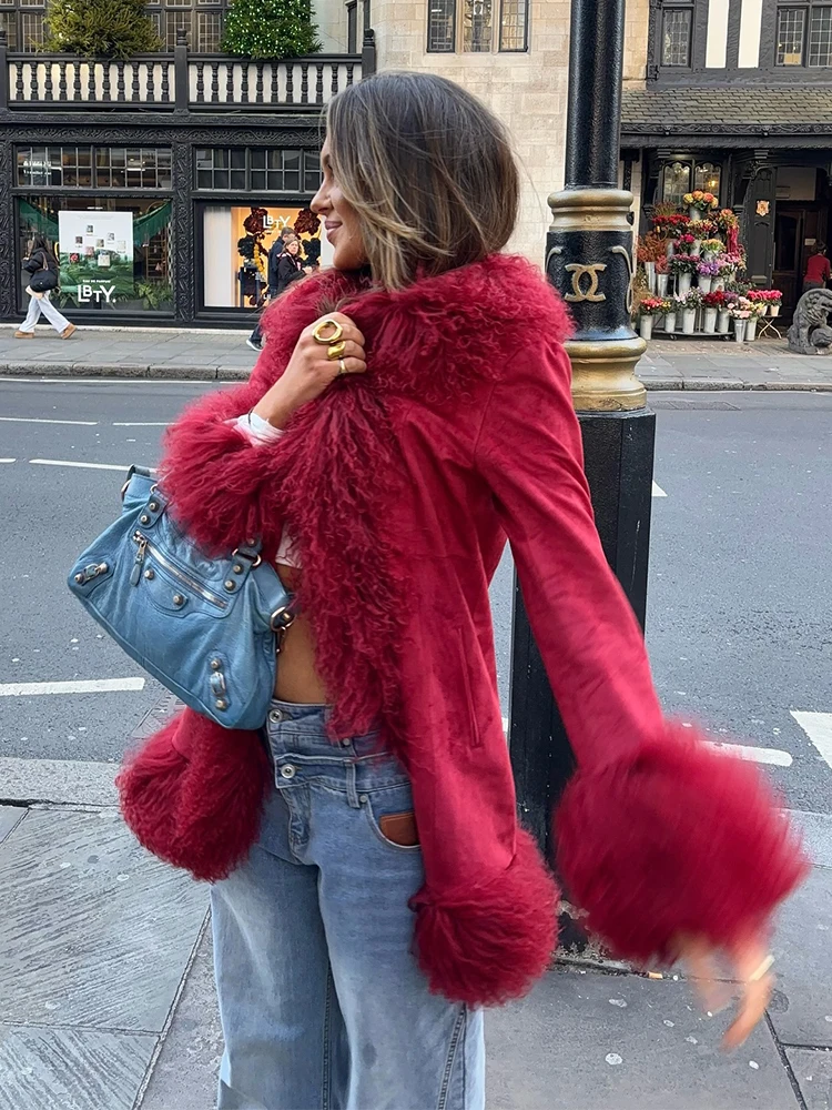 Fashion Red Fluffy Faux Fur Patchwork Cotton Jacket Women Elegant Lapel Long Sleeves Coats Autumn Winter Lady Street Outerwear