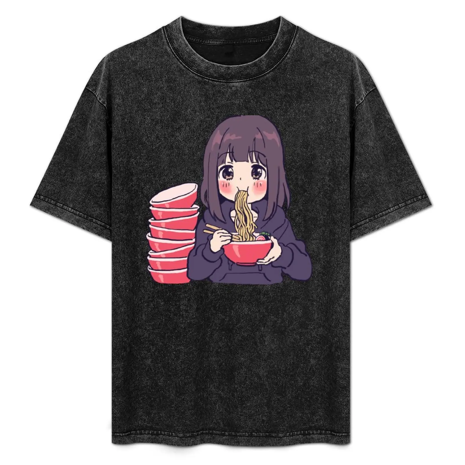 

I draw cute anime girl eating ramen / Menhera Shoujo Kurumi-chan T-Shirt Casual Simple Design Short Sleeve Shirt
