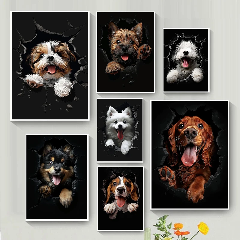 (1PC Unframe)Funny The Dog In The Crevice Posters Norwich Terrier Lhasa Apso Dog Prints Canvas Painting Wall Pictures Home Kid's
