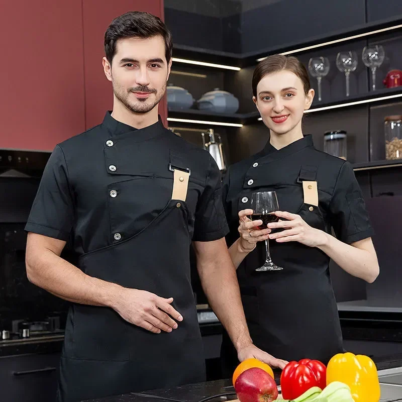 Ropa de Chef de cocina para hombre, uniforme de cabeza, chaqueta de Hotel gris, abrigo de manga, delantal, cocina de verano para restaurante corto