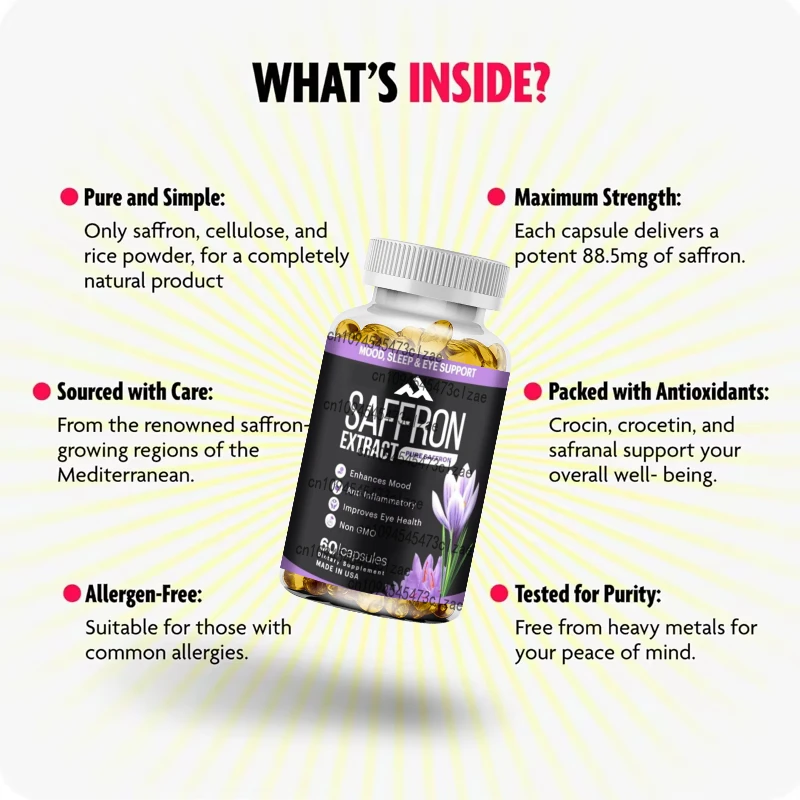 

Saffron Extract (88.5 Milligrams) - Enhances Energy,enhances Mood, and Supports The Eyes with 60 Capsules for Both Men and Women