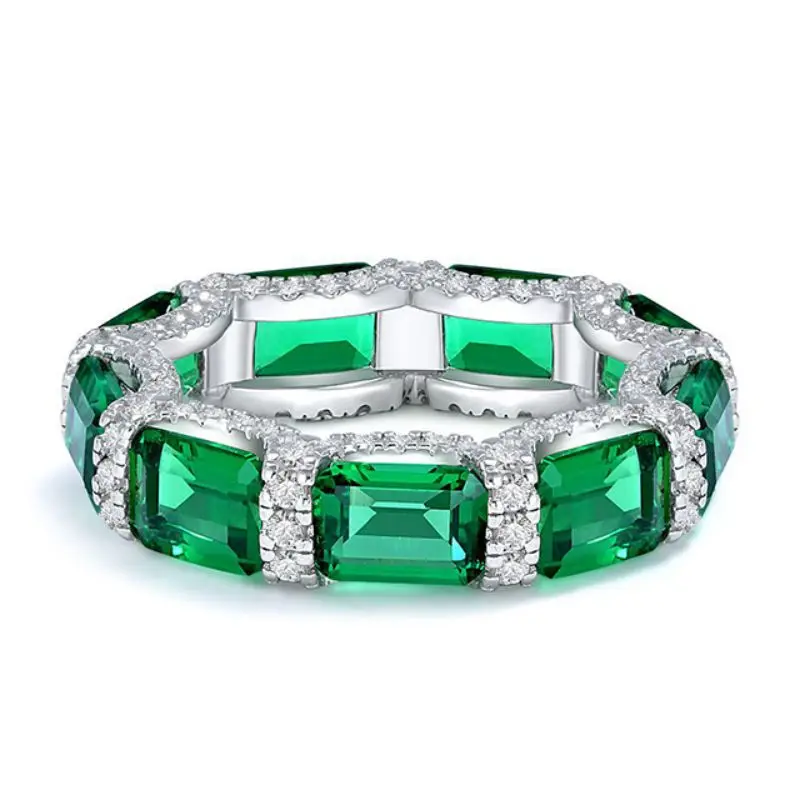 

100% 925 Sterling Silver 5*7mm Rectangular Synthetic Emerald Green High Carbon Diamond Band Rings For Women Fine Jewelry