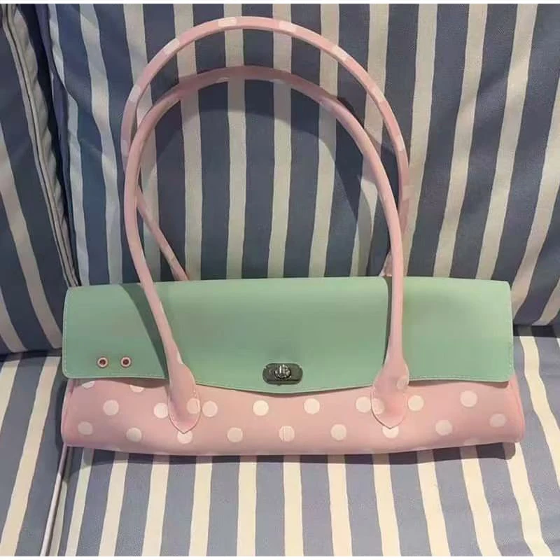 Strawberry Polka Dot Hobo Shoulder Bag,Women Sweet Cute Colorblock Long Stick Double Handle Handbag,Casual Commute Work Purse