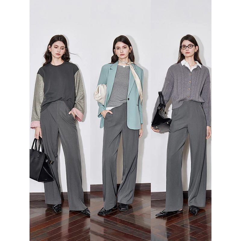 TOYOUTH Women Trousers 2024 Autumn New High Waist Wide Leg Straight Casual Long Pants Gray