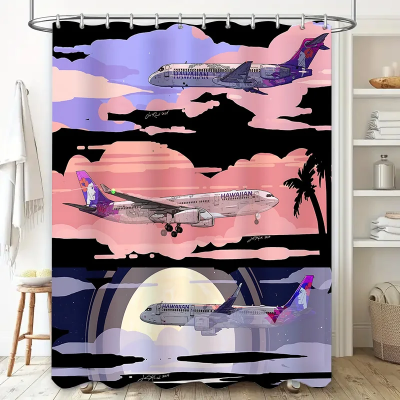 

Занавеска для душа Hawaiian Airlines Самолеты в закате Ночное небо Путешествие Любители авиации Легко чистится и удерживать повысить пространство