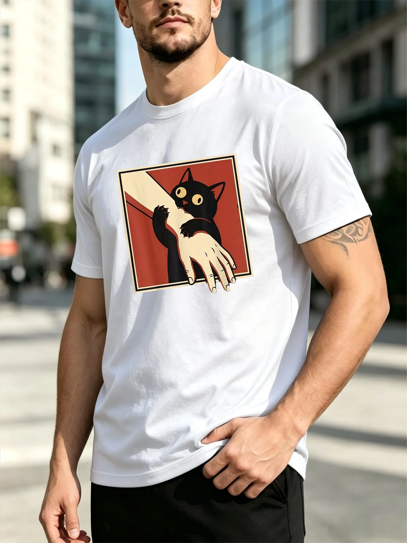 Men's Short-Sleeve T-Shirt with Red Square Frame, Illustration of a Big-Eyed Black Cat Holding Hands, Black and White Print, Summer Urban Outing, Healing and Cute Pet Vibe, Loose Casual Short-Sleeve Tee for Men