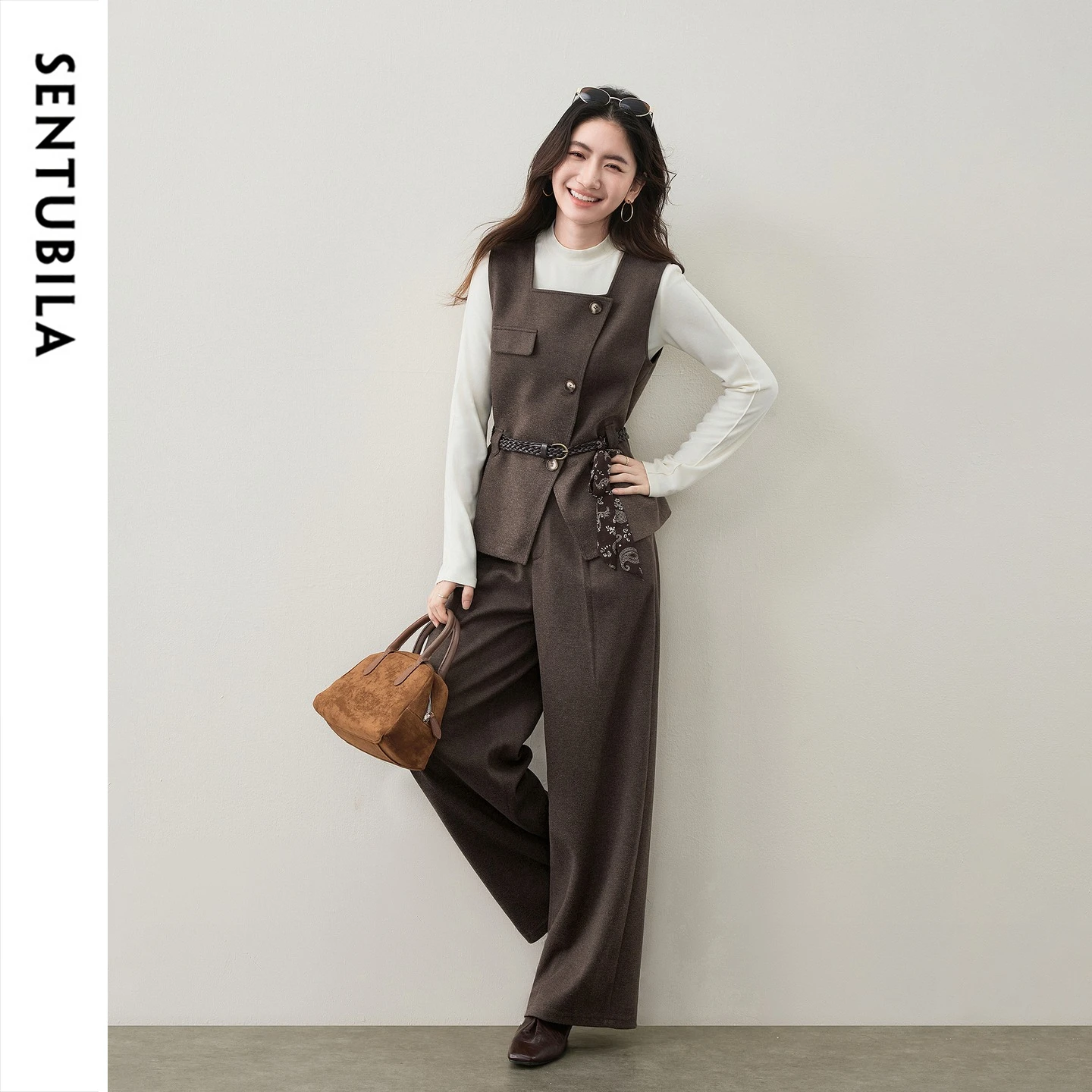 SENTUBILA Women's Matching Sets Vest and Wide Leg Pants 2026 Winter Square Neck Wrap Front Slim Fit Commuter Outfit 164ZJ8612