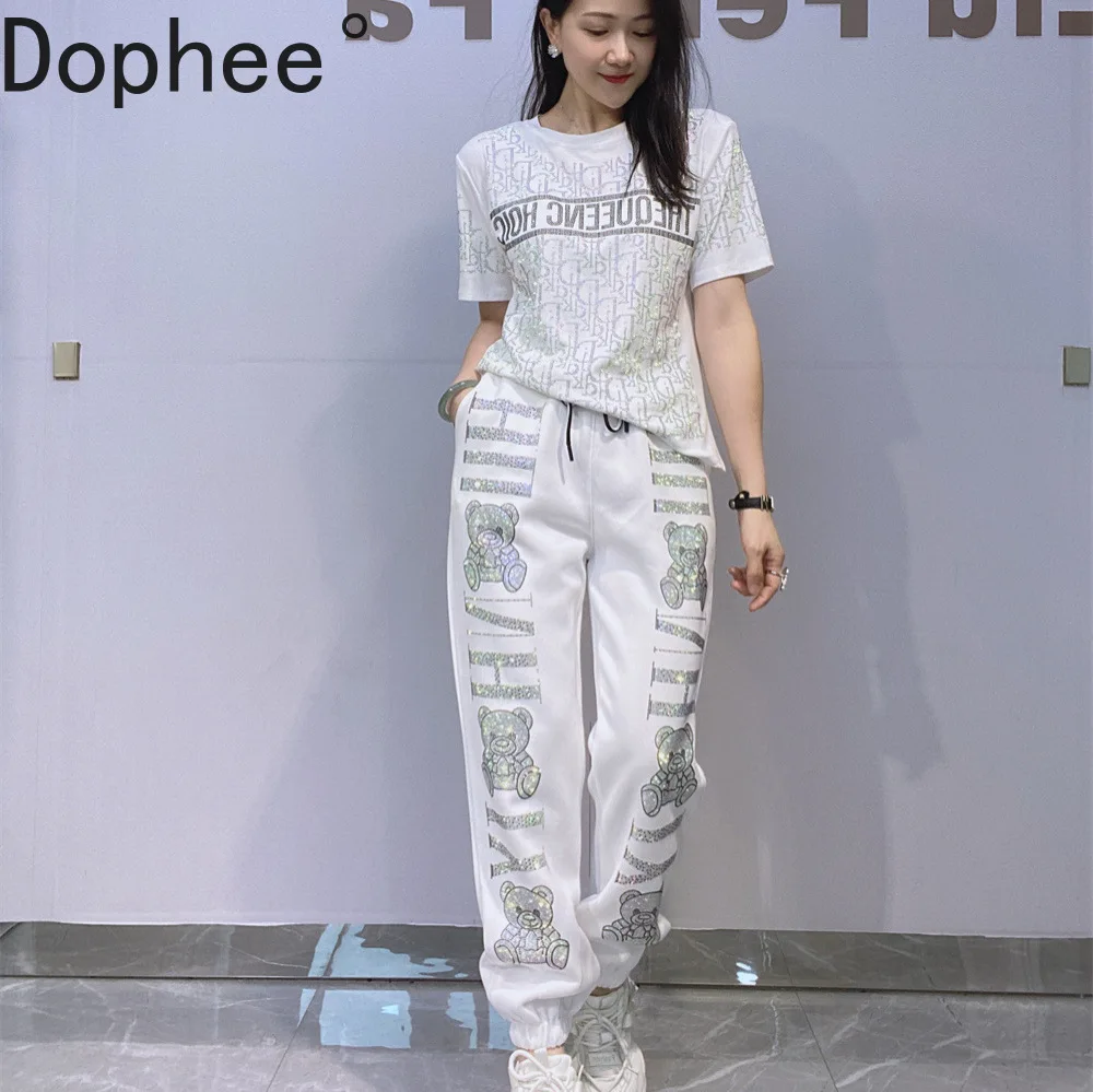 

Trendy Summer Women Two-piece Set Shiny Letters Hot Drilling Short Sleeve T-shirt Top + Diamonds Casual Harem Pants Sports Suits