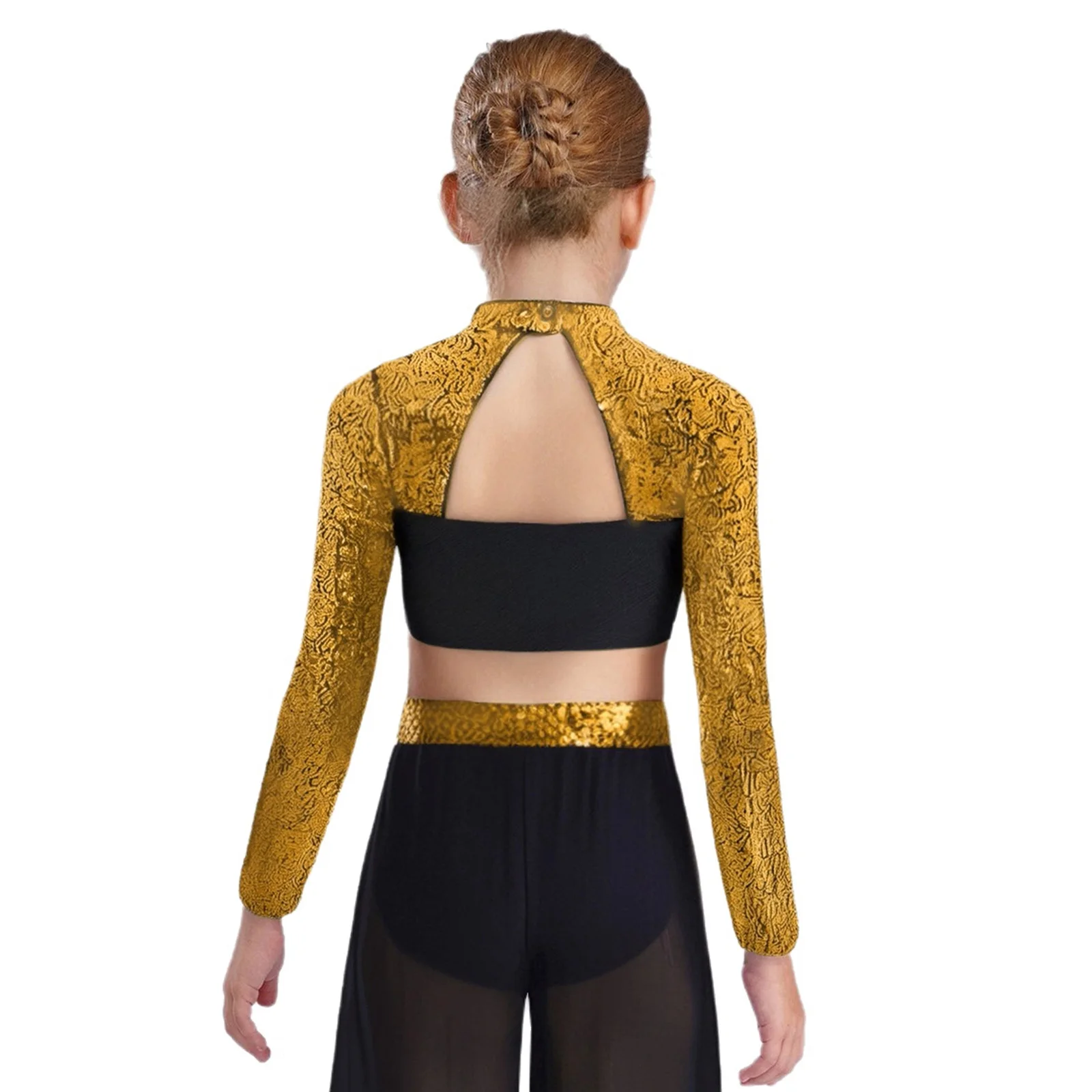 أطفال بنات الجاز الرقص الحديث الأعلى الباليه الشكل التزلج المحاصيل الأعلى طويلة الأكمام وهمية الرقبة سباركلي الترتر قميص لأداء المرحلة