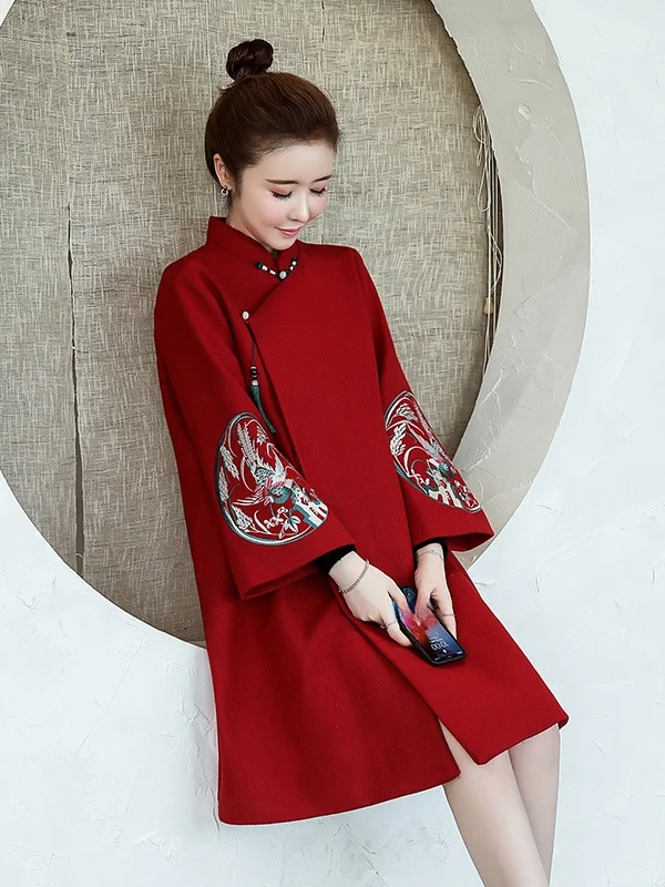 

Autumn Winter Thick Woolen Coat Dress Retro Style Short Slant Collar Embroidery Design Daily Wear Long Sleeve Abstr...