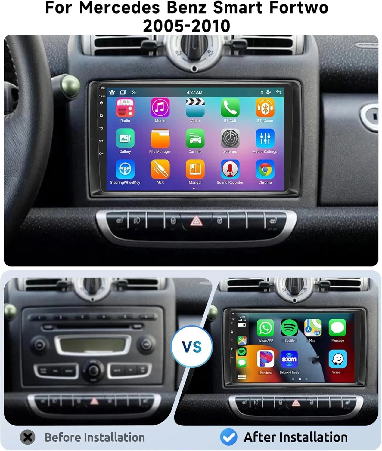 Android14 9inch 2+32G fit for Carplay Navigation GPS For Benz Smart Fortwo 2005-2010 WIFI Car Radio Multimedia Player System DSP