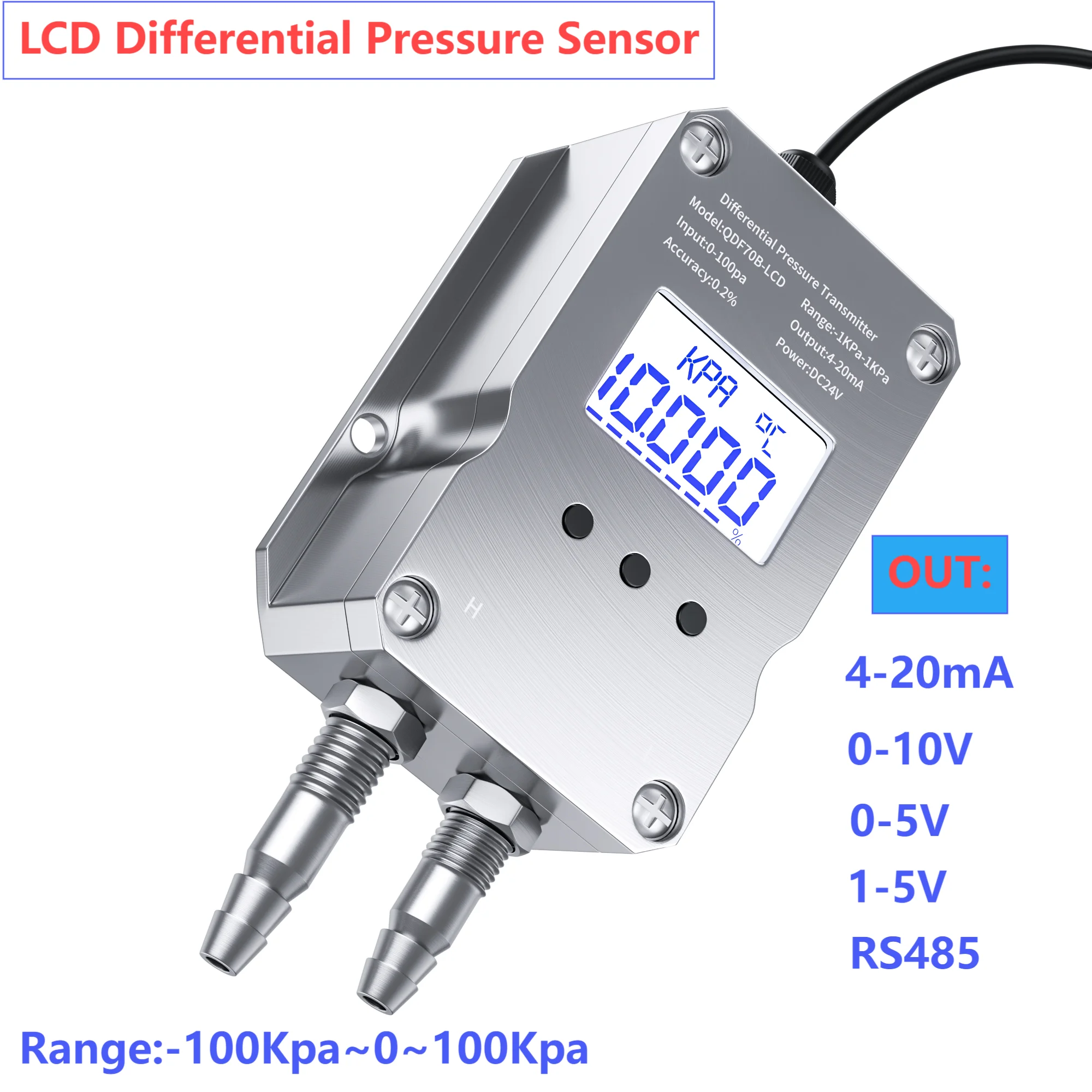 

LCD Air Differential Pressure Transmitter 4-20mA 0-10V 0-5V 1-5V Air Pressure Converter -10-10Kpa 100Pa Wind Pressure Sensor