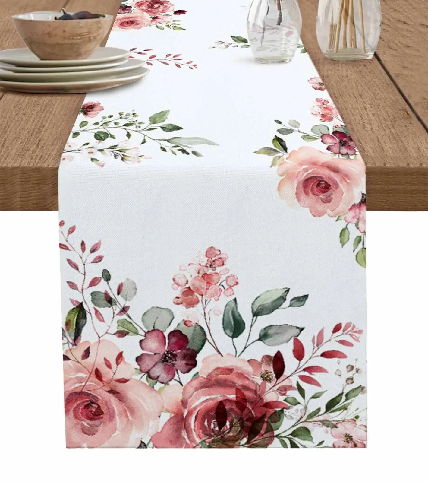 Pink Rose Flower Leaves Linen Table Runners Dresser Scarf Table Decor Holiday Party Wedding Decor Kitchen Dining Table Runners