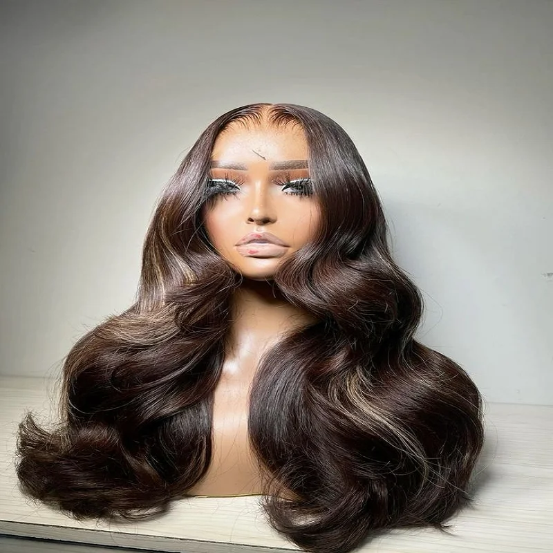 InjBase Highlight Body Wave, Jewish Human BabyHair, HDLace Wig, Perruque sans colle, Cheveux européens préplumés, Densité 180, 5x5, 26 po