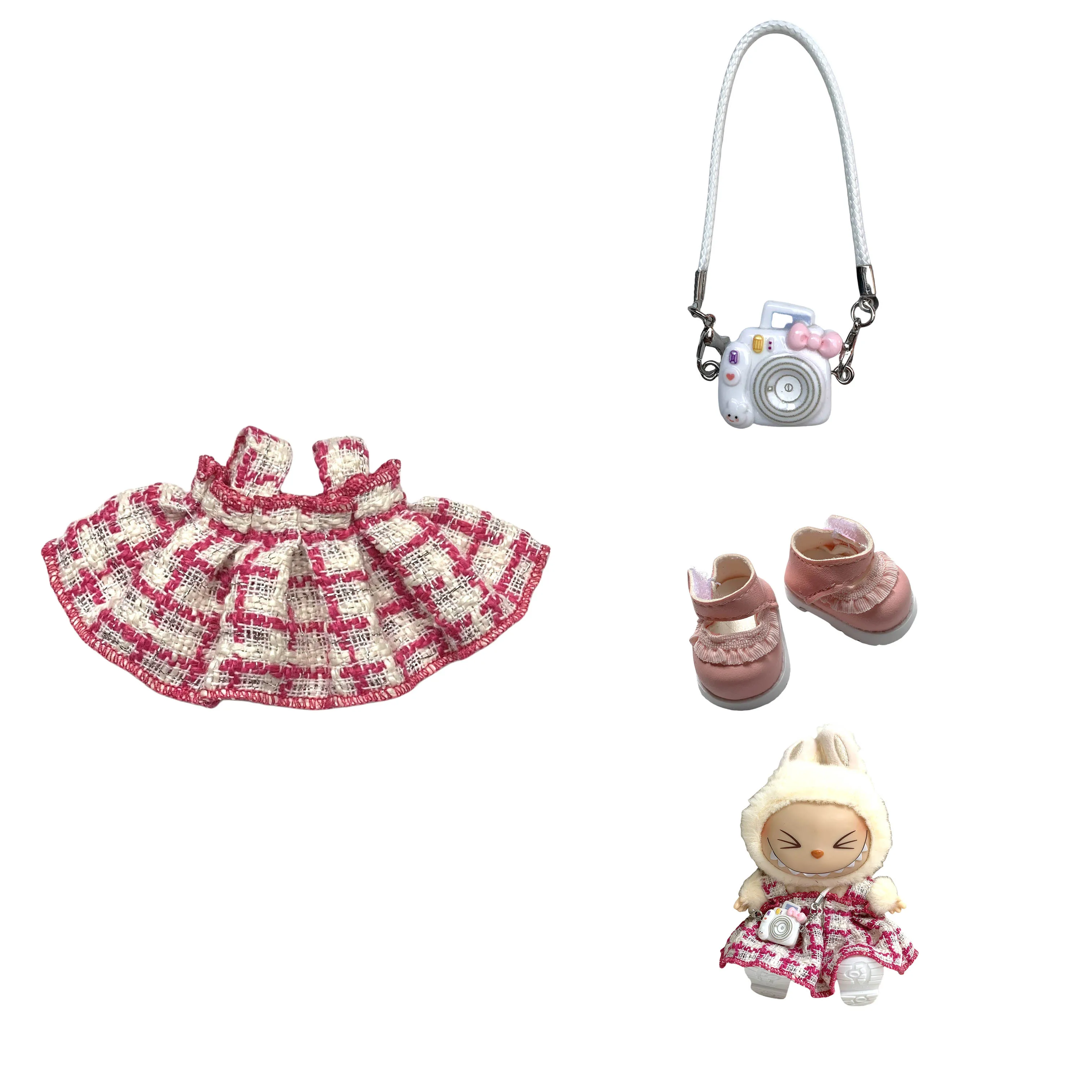 Кукольная одежда, аксессуары, дизайнерская одежда Labubu, розовое платье, комплект для 17 см Labubu V2 V1, сделай сам, мини-куклы, одежда, подарок для девочки