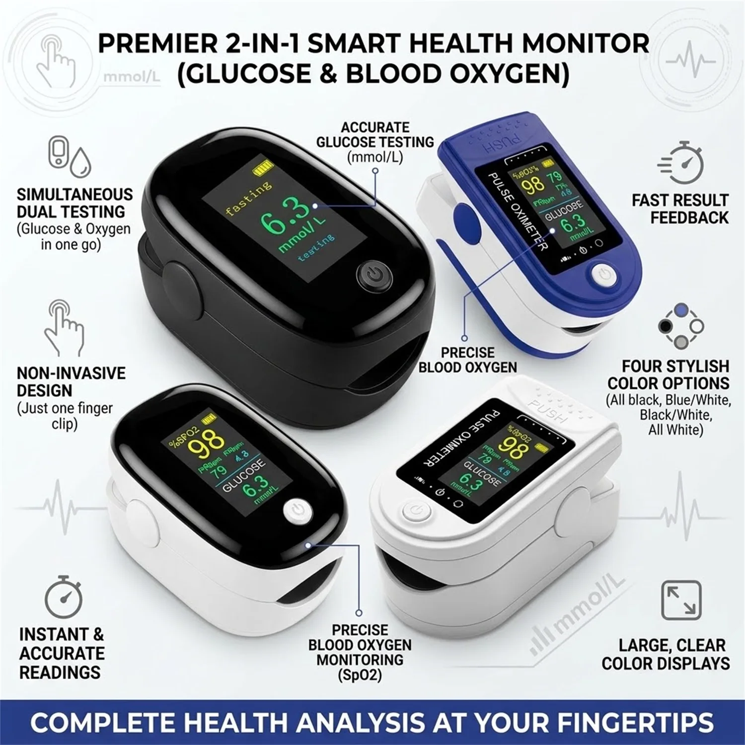 2‑in‑1 Fingertip Health Monitor | Portable Oximeter & Glucose Meter, Household Finger Health Tester for Daily Personal Monitorin