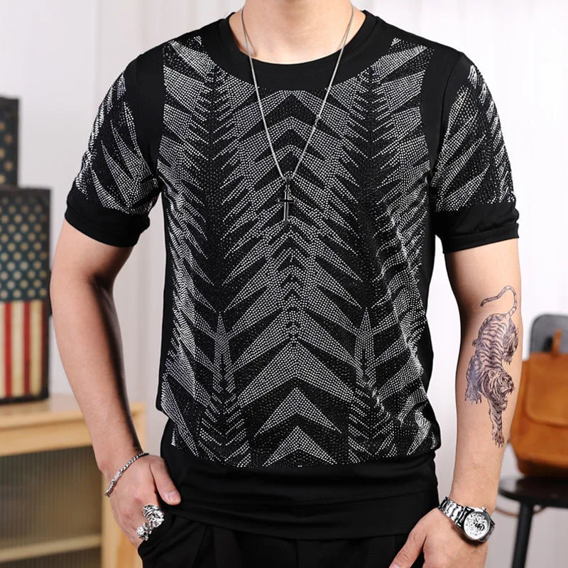 Short Sleeve T-shirt Men\'s Summer Full Diamond Round Neck Large Black Clothes Loose 2024 New Trend Fashion Handsome Especially