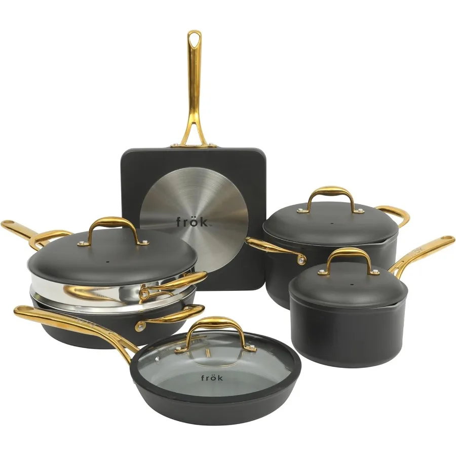 

Frok 10 Piece Pots and Pans Set with 4MM Thick Aluminum Construction for Rapid Heat Distribution Premium PFAFree Ceramic Nonsti