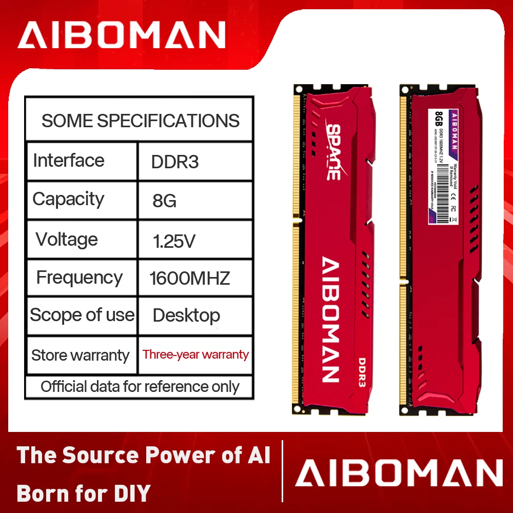 AIBOMAN DDR3 8G 1600Mhz Brand New Ram with heatsink desktop suitable gaming office