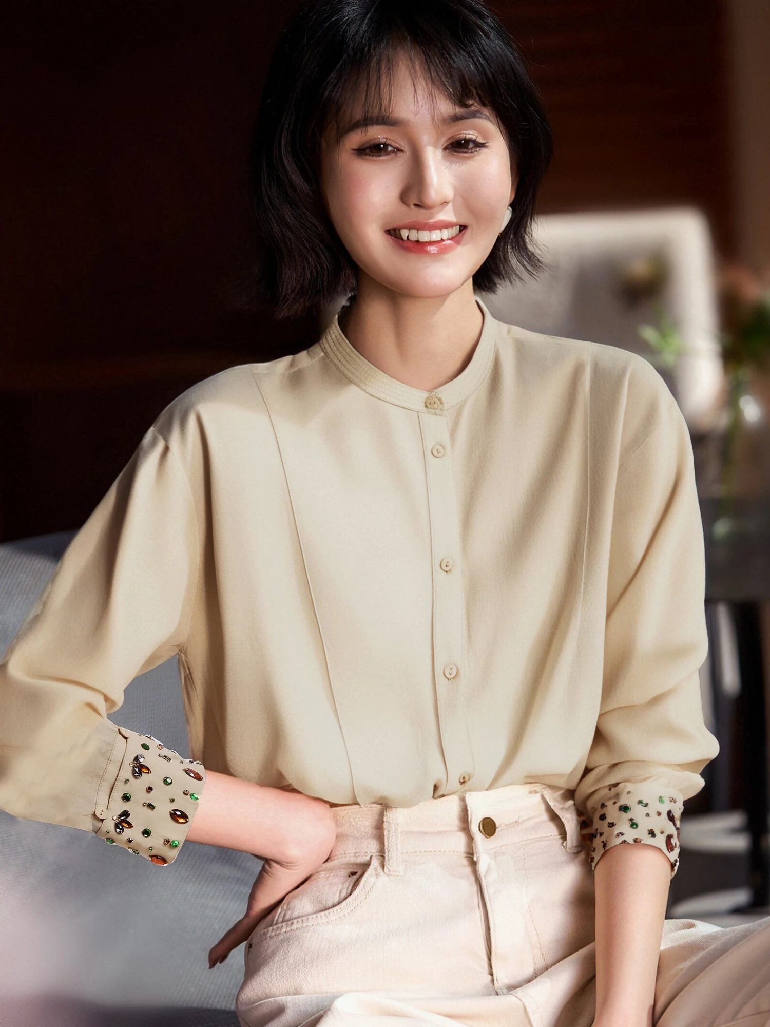 

Qianyun Laisel Hemp 2026 Autumn Heavyweight Stand Collar Commuter Long Sve irt Women's Busin Casual Breathable Comfor...