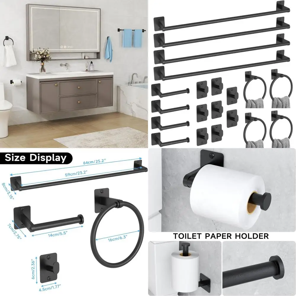 

Complete 20-Piece Black Bathroom Accessory Set with 24 Towel Bar, Racks, Hooks, and Wall-Mounted Tissue Holder